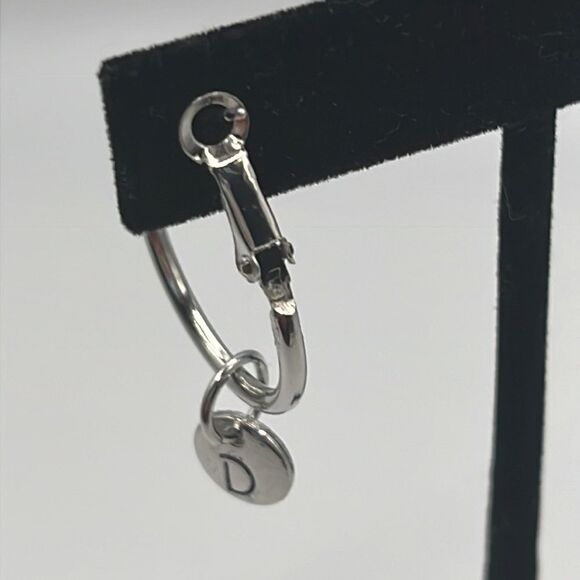 Choice of Silver-tone 1-in Hoops with Dangling Initial Charm (A-Z) - Picture 4 of 11